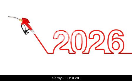 Ugello carburante pompa a pistola per benzina, erogatore stazione di servizio con cartello Capodanno 2026 su sfondo bianco. Rendering 3d. Foto Stock