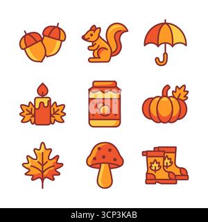 Collezione di icone e oggetti autunnali vettoriali per la progettazione. Illustrazione Vettoriale