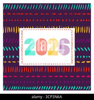 Copertina retrò con numeri 2026 colorati orizzontali su sfondo geometrico viola con linee etniche. Illustrazione vettoriale del design grafico per felice anno nuovo Illustrazione Vettoriale