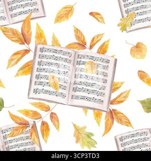 Apri il quaderno musicale con il personale e appunti su foglie di cenere gialle arancioni illustrazione ad acquerello su sfondo isolato. Carta musicale di libro con nota Foto Stock