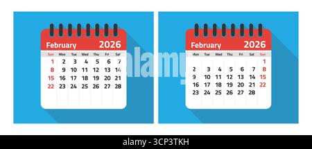 Modelli di calendario di febbraio 2026 con inizio della settimana di domenica e lunedì Illustrazione Vettoriale