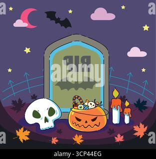 Una scena di Halloween spettrale con una spaventosa zucca e una classica lapide Illustrazione Vettoriale
