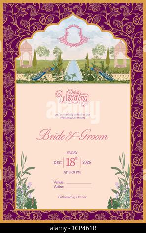 Elegante carta d'invito per matrimoni indiani con decorazioni floreali e design pavone Illustrazione Vettoriale
