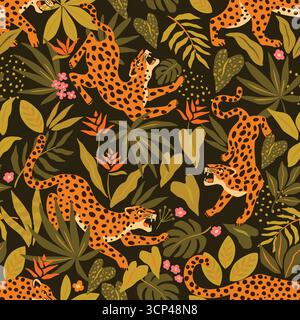 Motivo vettoriale senza cuciture con leopardi asiatici, fiori e foglie tropicali. Stile alla moda Illustrazione Vettoriale