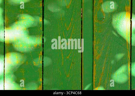 Una recinzione di legno verde con una striscia gialla. La recinzione è all'ombra e l'ombra della recinzione è a terra Foto Stock