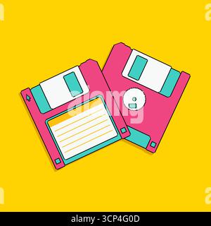 Dischetti floppy rosa colorati mostrati da entrambi i lati su sfondo giallo. Supporti di memorizzazione digitali retrò in stile pop art vettoriale, perfetti per i nostalgi Illustrazione Vettoriale