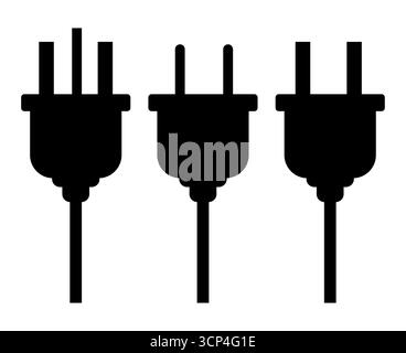 Icone della spina di alimentazione. Simboli della corrente elettrica. Energy Connector Vector. Cavi di alimentazione elettrica. Illustrazione Vettoriale