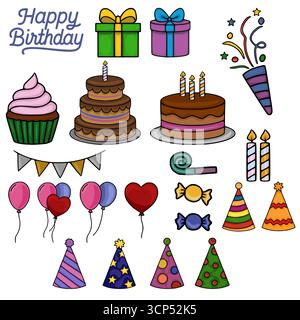 Illustrazione vettoriale per il compleanno Delle feste Una collezione di icone per feste disegnate a mano con torte, regali, palloncini e cappelli da festa dai colori vivaci. Illustrazione Vettoriale