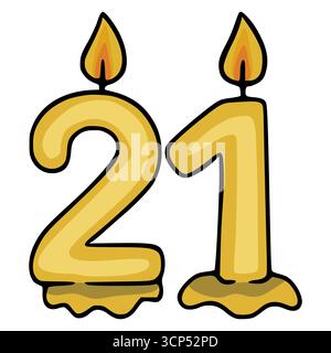 Immagine vettoriale natalizia di due candele dorate che formano il numero 21, con cera che gocciola realisticamente e fiamme dettagliate. Illustrazione Vettoriale