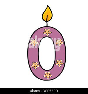 Illustrazione vettoriale di una graziosa candela di compleanno numero zero viola adornata con piccoli fiori arancioni e una fiamma gialla, perfetta per i design festivi e. Illustrazione Vettoriale