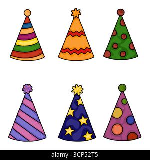 Un'illustrazione vettoriale di sei cappelli da festa dal design unico, ciascuno caratterizzato da colori vivaci e motivi distinti (strisce, linee ondulate, pois, stelle), Illustrazione Vettoriale