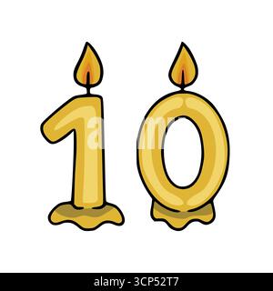 Un'immagine vettoriale stravagante con due candele dorate a forma di numeri 10, ciascuna con una fiamma vibrante, adagiata su uno sfondo bianco Illustrazione Vettoriale