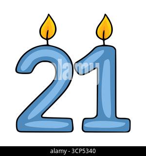 Immagine vettoriale festiva di due candele blu che formano il numero 21, ciascuna con una fiamma gialla vibrante, perfetta per feste di compleanno e inviti Illustrazione Vettoriale