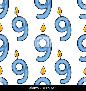 Motivo vettoriale senza cuciture di candele di compleanno numero nove azzurre con fiamme gialle, perfetto per sfondi e inviti festivi. Illustrazione Vettoriale