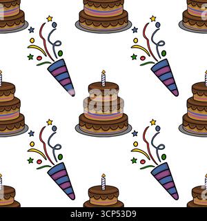 Festeggia con dolci di compleanno a fantasia vettoriale con Popper e Confetti, un design allegro e giocoso ideale per le celebrazioni. Illustrazione Vettoriale