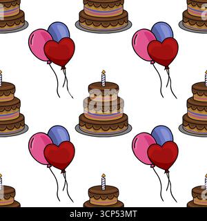 Motivo vettoriale senza cuciture caratterizzato da una deliziosa torta al cioccolato a due livelli con una sola candela e un gruppo di palline rosse rosa, viola e a forma di cuore Illustrazione Vettoriale