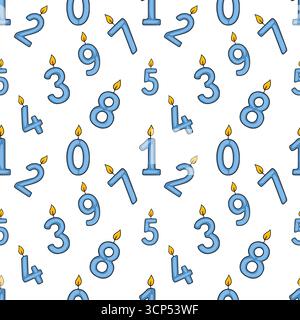 Motivo vettoriale senza cuciture di candele di compleanno azzurre a forma di numeri con fiamme gialle, sparsi giocosamente su sfondo bianco, ideale per le feste Illustrazione Vettoriale