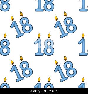 Motivo vettoriale senza cuciture di candele di compleanno di diciotto anni azzurre con fiamme gialle su sfondo bianco, perfetto per le feste. Illustrazione Vettoriale