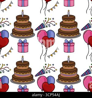 Motivo vettoriale senza cuciture con festeggiamenti di compleanno allegri con torte al cioccolato, palloncini a forma di cuore, cappelli da festa, regali e coriandoli natalizi Illustrazione Vettoriale