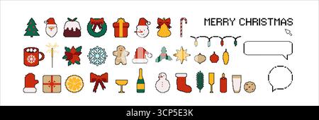 Set di icone di pixel art buon Natale bolle vocali Vintage a 8 bit e simboli natalizi. Collezione Happy New Year in stile videoludico retrò Illustrazione Vettoriale