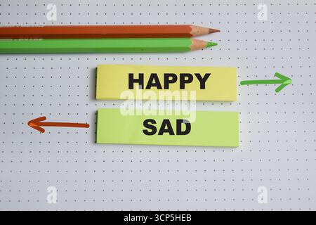 Concetto di scrittura felice o triste su note appiccicose isolate su un tavolo di legno. Foto Stock