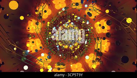 I colori brillanti si mescolano in un ipnotico motivo a spirale. Forme e luci diverse creano un'esperienza visiva accattivante che attira lo spettatore Foto Stock