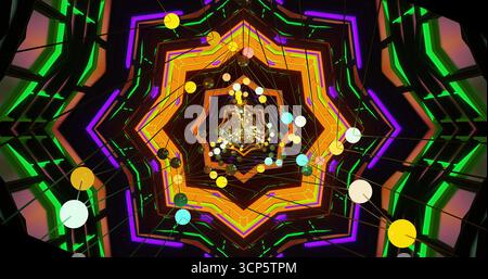 La scena presenta un incredibile motivo geometrico con colori brillanti. Le luci circolari pulsano all'interno di una forma a stella, creando un'esperienza visiva accattivante Foto Stock
