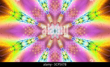 I colori brillanti e i motivi dinamici creano una forma a stella accattivante con design vorticosi. La grafica presenta sfumature di lavanda, verde e giallo Foto Stock