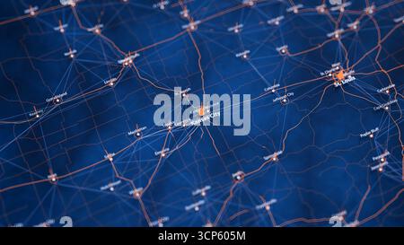 Kansas City mappa la visualizzazione dei big data. Infografica futuristica sulla mappa della città negli Stati Uniti. Complessità dei dati delle mappe visive nei moderni colori blu e arancione Foto Stock