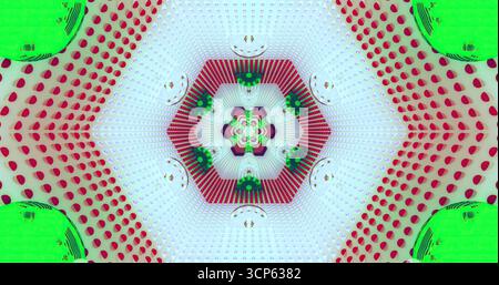 Un vivace motivo geometrico caratterizzato da forme e texture colorate. Il design presenta un motivo esagonale ripetuto con colori intensi come il rosso, il verde, Foto Stock