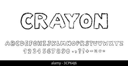 Carboncino, font pastello per bambini, alfabeto divertente in stile giocoso disegnato a mano. Kid Typescript ABC disegnato con matita nera. Lettere, numeri e SY Illustrazione Vettoriale