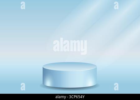 Futuristico podio blu 3D con riflettori blu, perfetto per concetto tecnologico, esposizione di prodotti, Mockup, Showroom e Modern Design Scene Illustrazione Vettoriale
