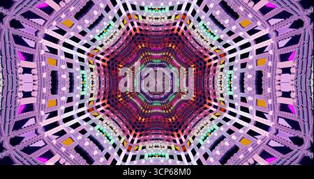Questo motivo vibrante presenta forme geometriche complesse e luci colorate, creando un effetto visivo ipnotico. Il design trae ispirazione da Foto Stock
