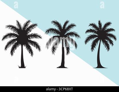 Set vettoriale con silhouette di palme tropicali: Alberi di cocco neri isolati su sfondo bianco per decorazioni estive in spiaggia e grafica a tema naturale Illustrazione Vettoriale