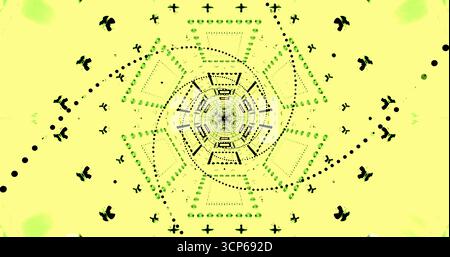 Forme geometriche intricate formano un motivo vivace su uno sfondo giallo brillante. Il design presenta vari simboli e linee, creando un dyna Foto Stock