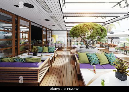 Rendering in 3D di una moderna terrazza ristorante con mobili colorati. Lounge all'aperto in un lussuoso resort tropicale. Ospitalità e grafica architettonica Foto Stock