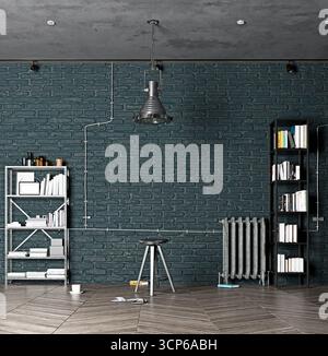 Moderno loft industriale interno con pareti in mattoni scuri. Soggiorno contemporaneo con mobili in metallo e soffitto in cemento. Stile urban minimal Foto Stock