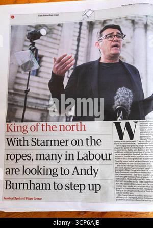 "King of the North with Starmer on the Rope, Many in Labour si aspetta che Andy Burnham si faccia avanti" testata del quotidiano Guardian 20 settembre 2025 Regno Unito Foto Stock