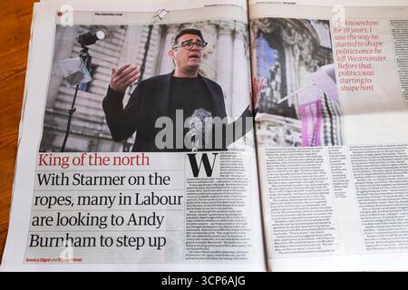 "King of the North with Starmer on the Rope, Many in Labour si aspetta che Andy Burnham si faccia avanti" testata del quotidiano Guardian 20 settembre 2025 Regno Unito Foto Stock