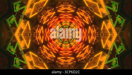 Le luci brillanti creano un'affascinante visualizzazione di pattern geometrici. I colori vorticosi nelle tonalità arancio, verde e giallo creano un'accattivante visuale Foto Stock