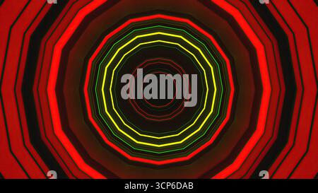 Il vivace tunnel a spirale presenta strisce rosse, gialle e verdi alternate. I cerchi concentrici creano un'illusione di profondità, disegnando i visualizzatori int Foto Stock