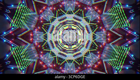 Questa opera d'arte presenta un brillante motivo caleidoscopio caratterizzato da forme geometriche intricate e vivaci colori al neon. Il design crea un vi ipnotico Foto Stock
