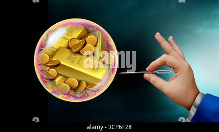 Rischio economico della bolla d'oro come paura di un prezzo elevato di mercato come un pallone pronto a scoppiare e concetto di speculazione del mercato azionario o economia a sopravvalutata Foto Stock