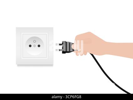 Connettore maschio di collegamento manuale nella presa elettrica. Concetto di risparmio energetico ed elettrico. Illustrazione vettoriale. Illustrazione Vettoriale