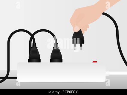 Connettore maschio di collegamento manuale nella presa elettrica. Concetto di risparmio energetico ed elettrico. Illustrazione vettoriale. Illustrazione Vettoriale