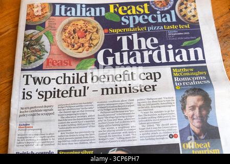 "La copertura per due bambini è "spregiudicata" - il titolo del quotidiano Minister Guardian 23 settembre 2025 Londra Inghilterra Regno Unito Foto Stock