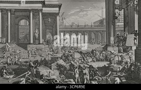 L'Académie des Sciences et Beaux-Arts (Accademia delle Scienze e delle Belle Arti). Dimostrazioni delle arti e delle scienze in un cortile classico. L'Académie royale de peinture et de sculpture (Accademia reale di pittura e scultura) (fondata nel 1648) e l'Académie des Sciences (Accademia francese delle scienze) (fondata nel 1666), nel Palazzo reale di Parigi, durante il regno di Luigi XIV. Incisione dopo Sébastien Leclerc (1637-1714). XVI siècle: lettres, Sciences et Arts, France 1590-1700 (XVII secolo: Lettere, scienze e arti), di Paul Lacroix. Pubblicato a Parigi da Librairie de Fi Foto Stock