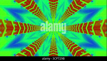 I motivi vivaci e colorati creano un effetto visivo dinamico con linee e forme irradiate. Il design presenta angoli netti e colori contrastanti Foto Stock