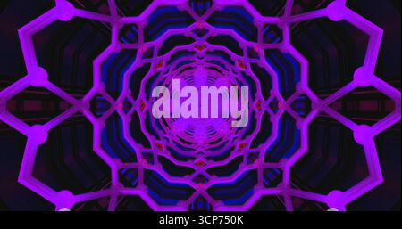 Forme geometriche viola brillanti formano un motivo vivace che attira lo spettatore in un'esperienza visiva accattivante. Il design intricato mostra profondità A. Foto Stock