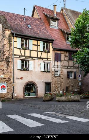 Affascinante scenario nella splendida città vecchia di Eguisheim in Alsazia, Francia Foto Stock